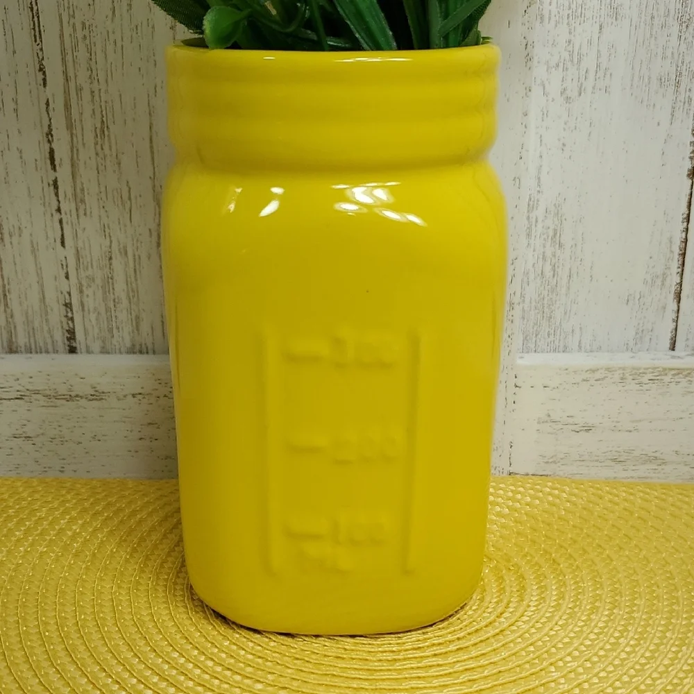 Mason Jar Yellow Vase Utensil Holder Summer Kitchen Home Decor Faux Flowers Vase